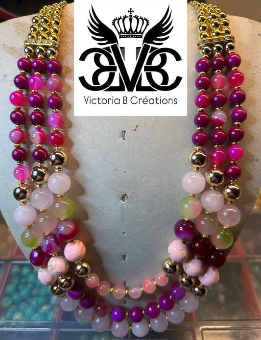 Necklace made of natural pink stone beads